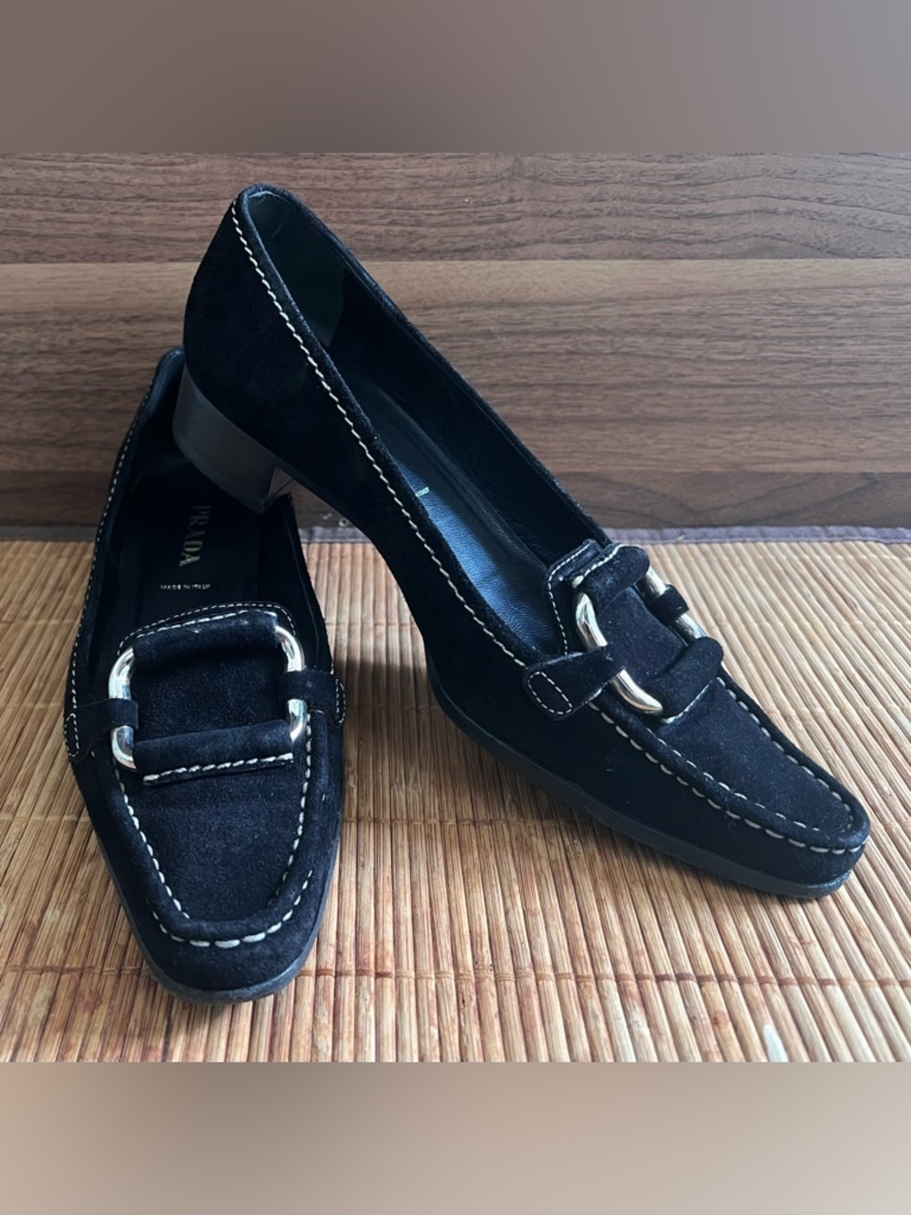 Prada Black Suede Loafers With Silver Tone Buckle Contrast Stitching Sz 36 Italy